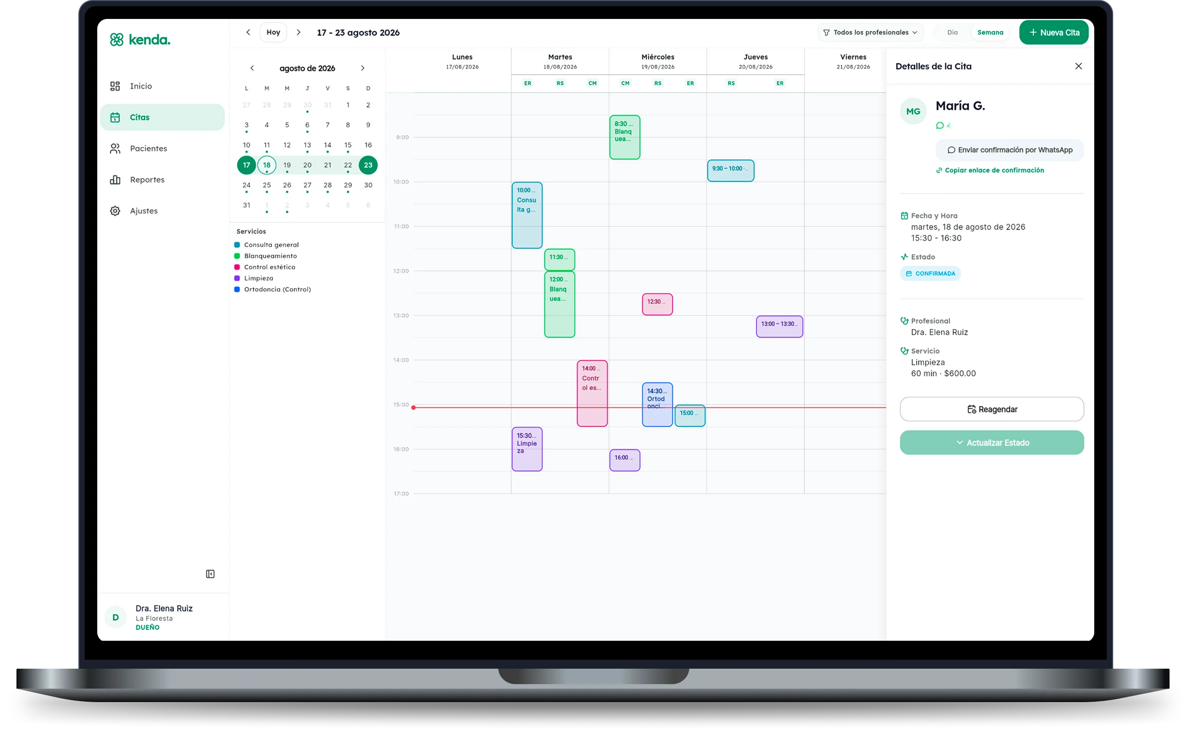 Agenda médica Kenda en recepción de consultorio: calendario semanal multi-profesional, citas confirmadas y confirmación por enlace WhatsApp